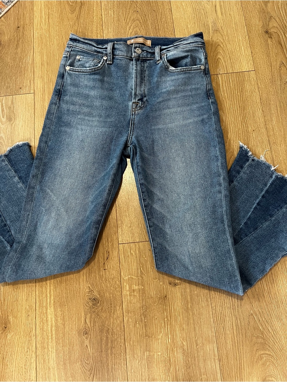 7 For All Mankind Raw Hem Wide Leg Jeans in Medium Blue